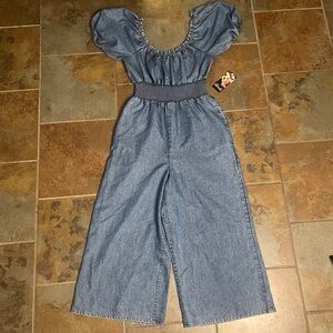 NWT Blush Denim Smocked Waist Puff Sleeve Jumpsuit